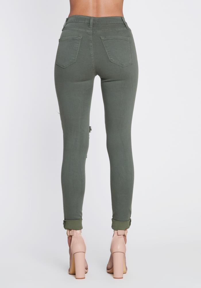 Vibrant Freebird Destroyed Skinny Jeans (Olive) P803