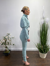 Capsulle Puff Sleeve Cropped Top and Skinny Pants Set (Sage) CC2054