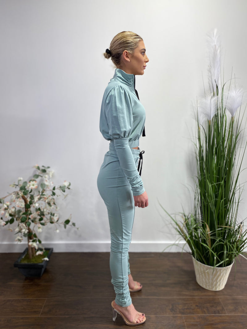 Capsulle Puff Sleeve Cropped Top and Skinny Pants Set (Sage) CC2054