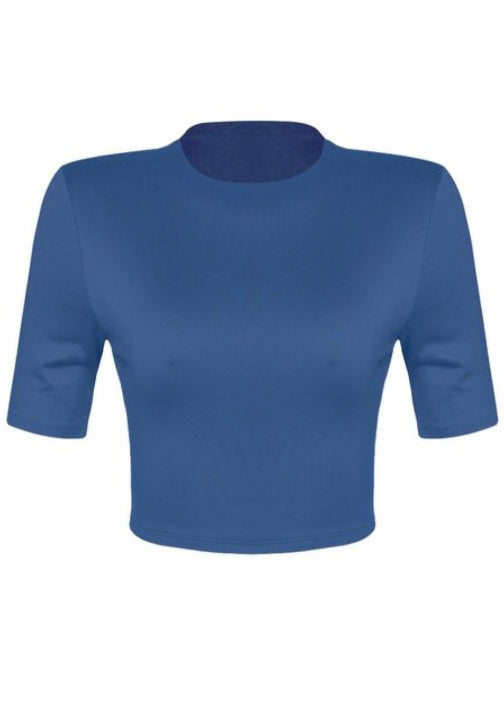 Tresser Open Back Short Sleeve Mock Neck Crop Top (Dark Teal) 1746T