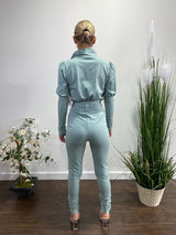 Capsulle Puff Sleeve Cropped Top and Skinny Pants Set (Sage) CC2054