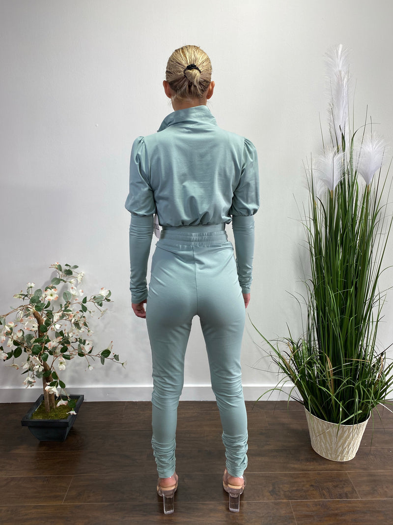 Capsulle Puff Sleeve Cropped Top and Skinny Pants Set (Sage) CC2054