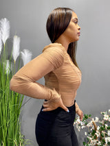 Hera Collection Ruched LSLV Wrinkle Bodysuit (Nude) 62023