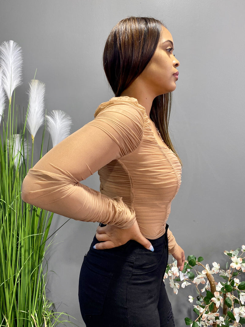 Hera Collection Ruched LSLV Wrinkle Bodysuit (Nude) 62023