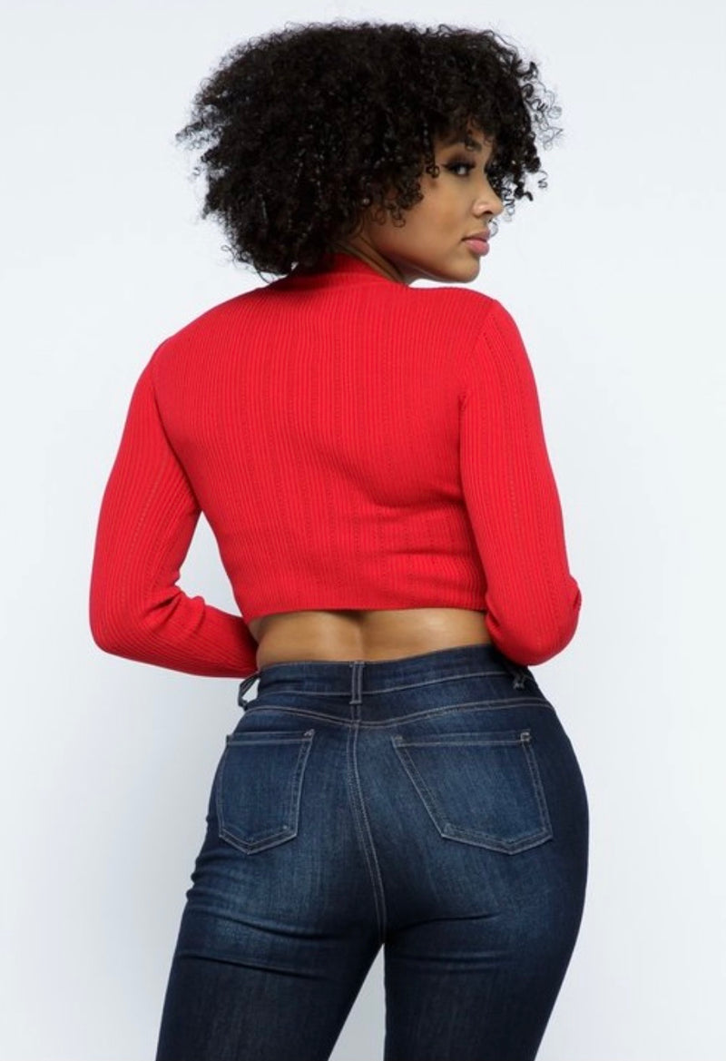 Hera Collection Mock Neck Across Lace Crop Top (Red)