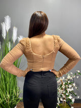 Hera Collection Ruched LSLV Wrinkle Bodysuit (Nude) 62023