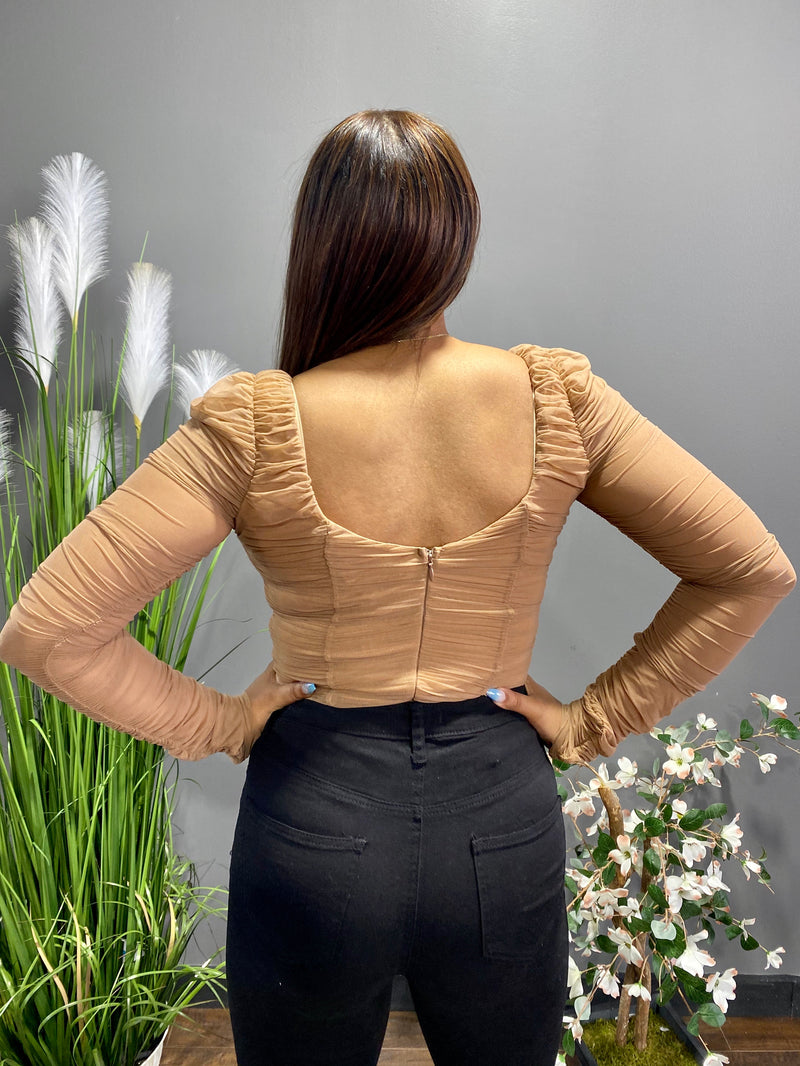 Hera Collection Ruched LSLV Wrinkle Bodysuit (Nude) 62023